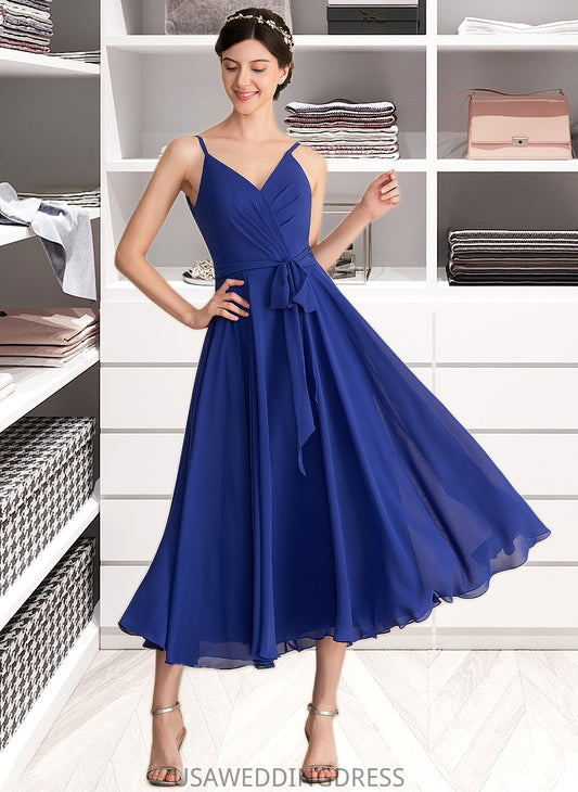 Ayanna A-Line V-neck Tea-Length Chiffon Bridesmaid Dress With Ruffle Bow(s) DSP0012958