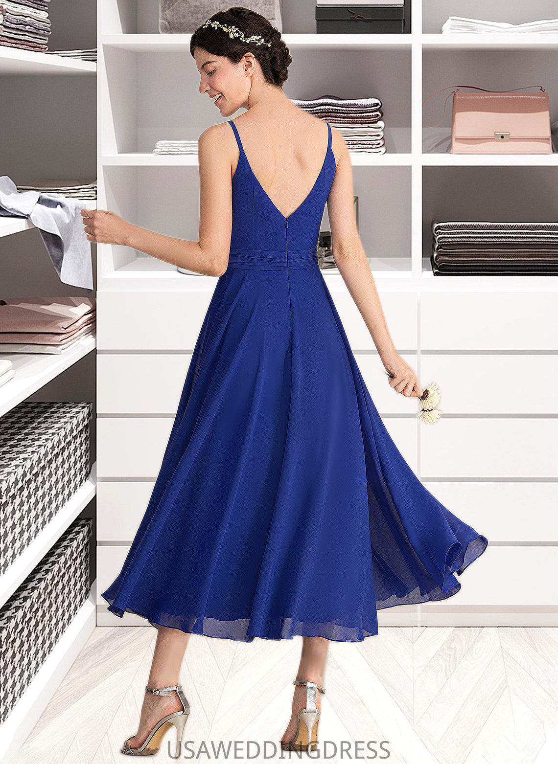 Ayanna A-Line V-neck Tea-Length Chiffon Bridesmaid Dress With Ruffle Bow(s) DSP0012958