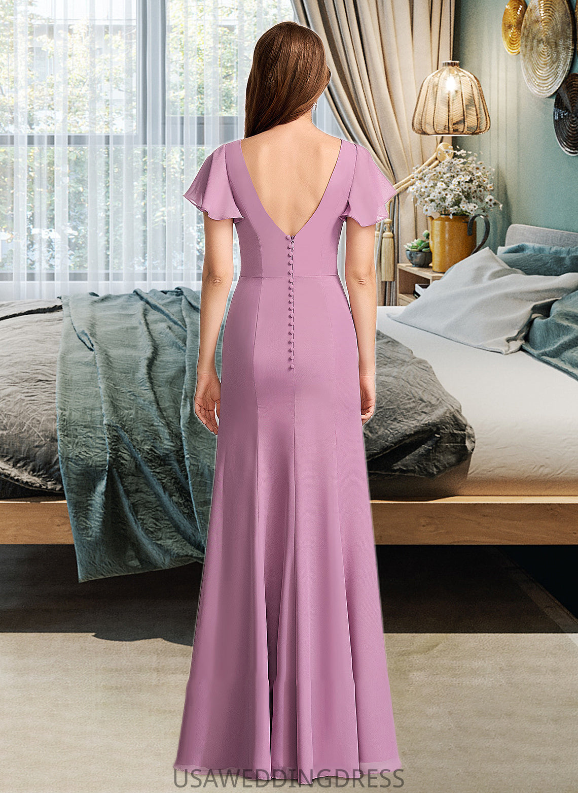 Summer Sheath/Column V-neck Floor-Length Bridesmaid Dress With Ruffle DSP0012960