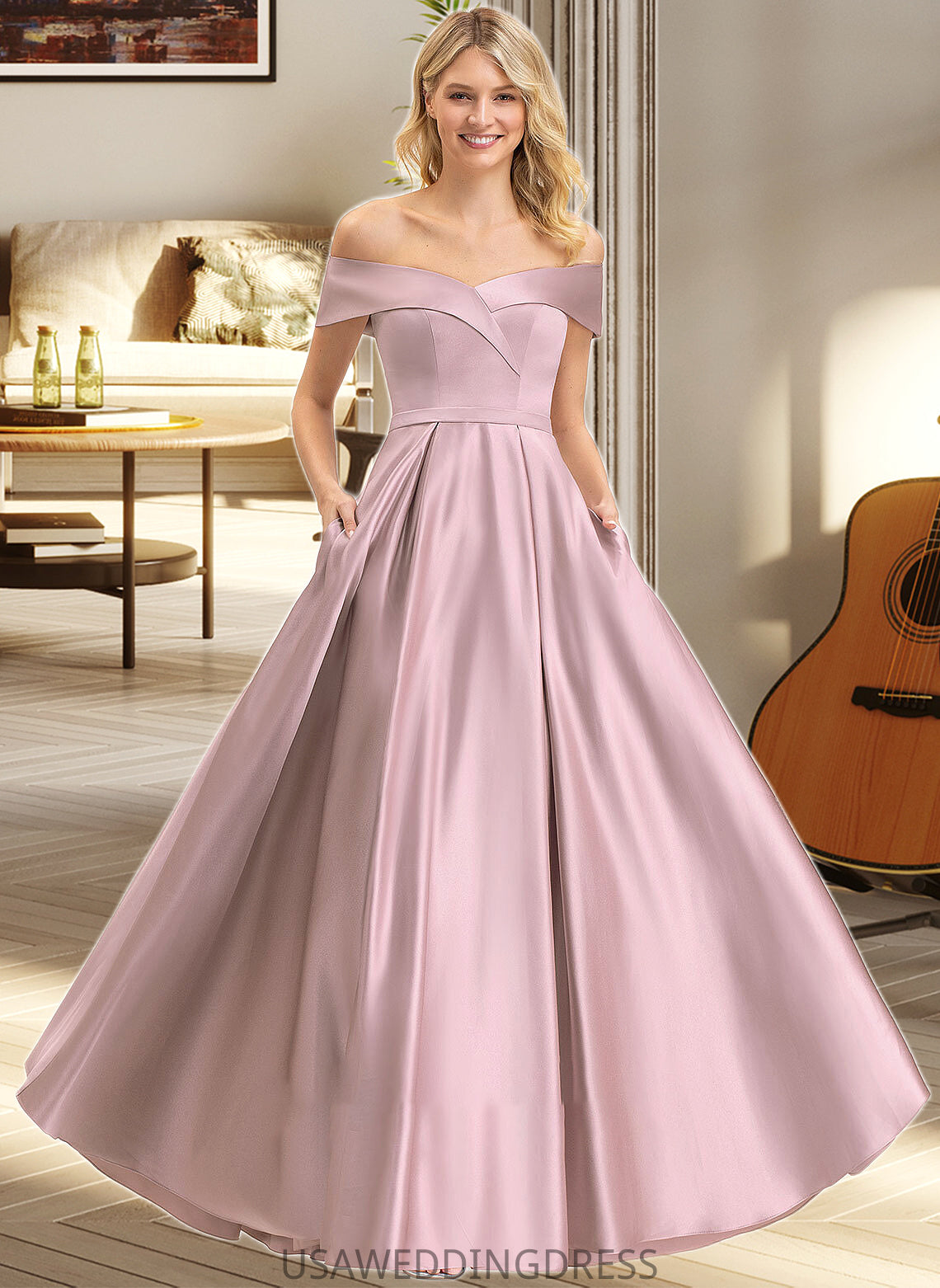 Nan A-Line Off-the-Shoulder Floor-Length Satin Bridesmaid Dress With Pockets DSP0012961