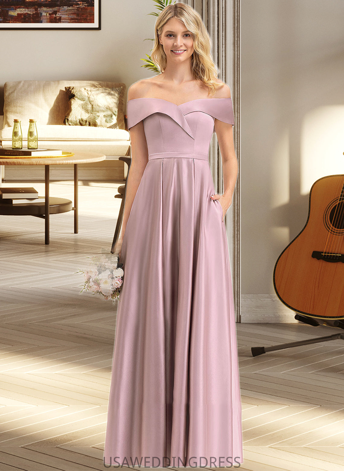 Nan A-Line Off-the-Shoulder Floor-Length Satin Bridesmaid Dress With Pockets DSP0012961