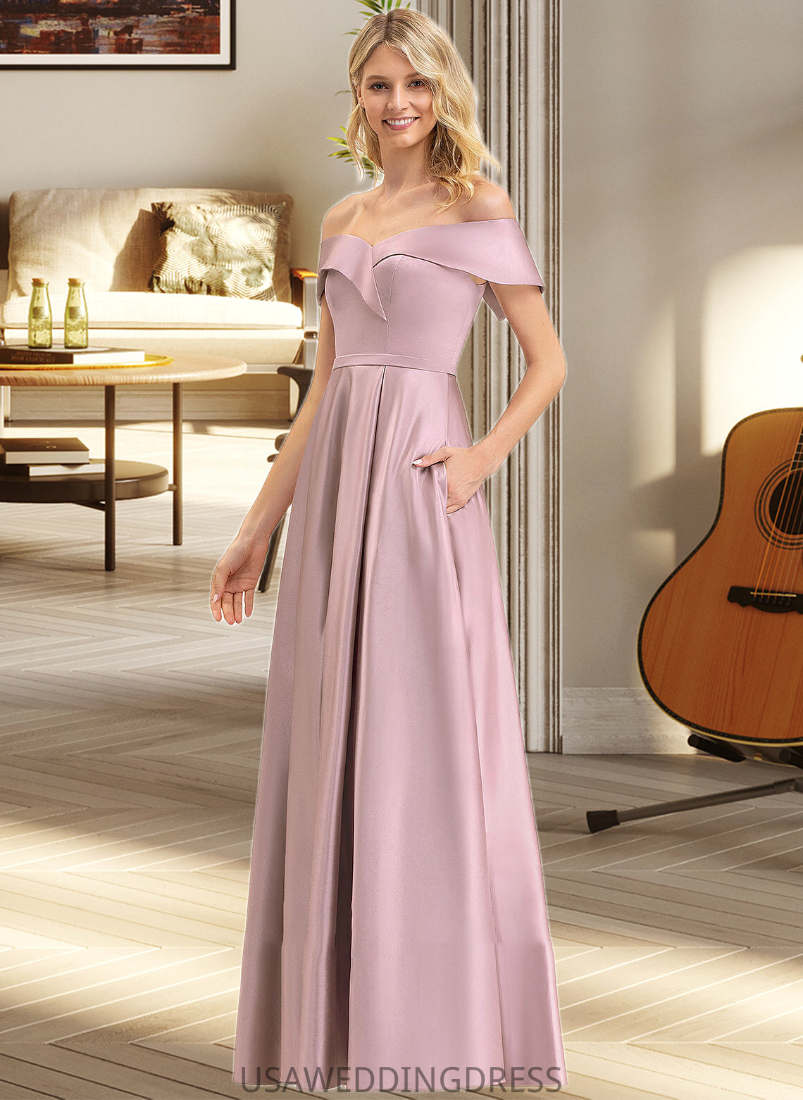 Nan A-Line Off-the-Shoulder Floor-Length Satin Bridesmaid Dress With Pockets DSP0012961