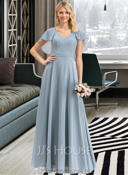 Carley A-line V-Neck Floor-Length Chiffon Bridesmaid Dress With Cascading Ruffles DSP0012962