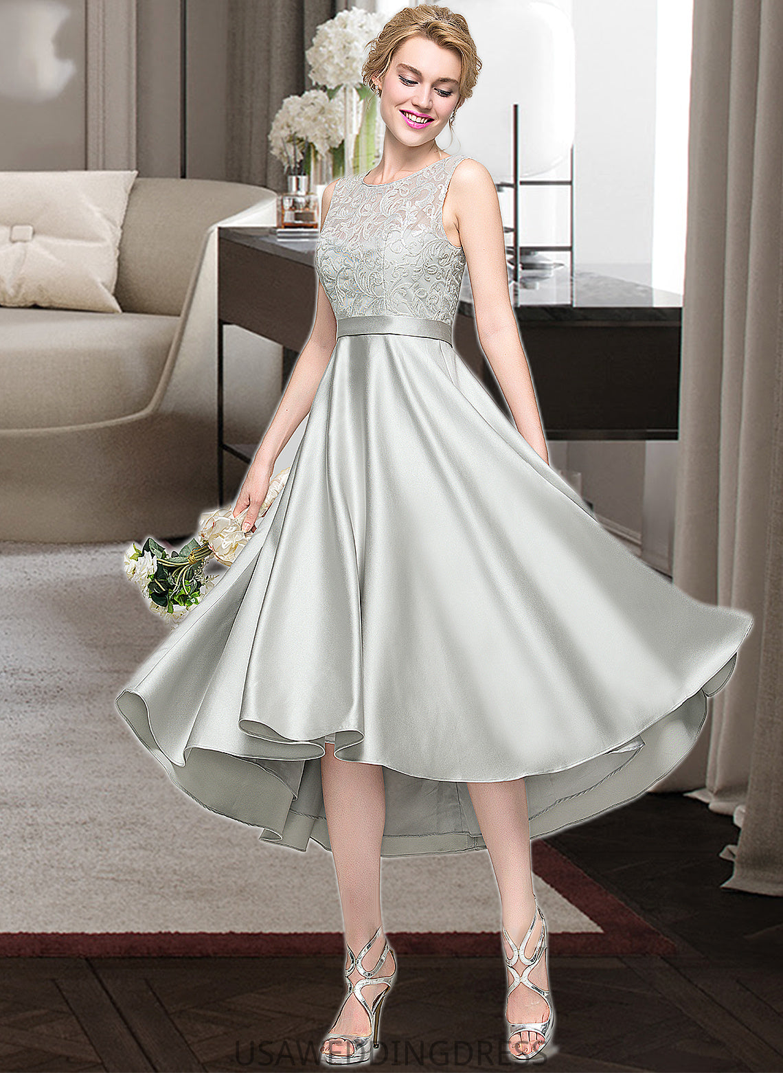 Eileen A-Line Scoop Neck Asymmetrical Satin Bridesmaid Dress DSP0012965