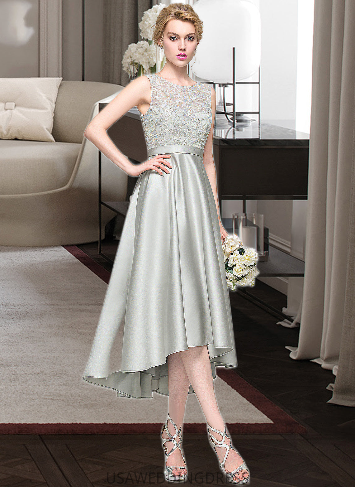 Eileen A-Line Scoop Neck Asymmetrical Satin Bridesmaid Dress DSP0012965