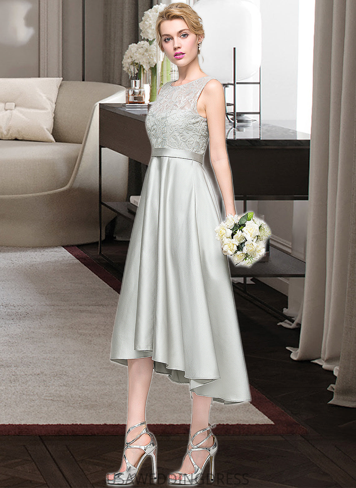 Eileen A-Line Scoop Neck Asymmetrical Satin Bridesmaid Dress DSP0012965