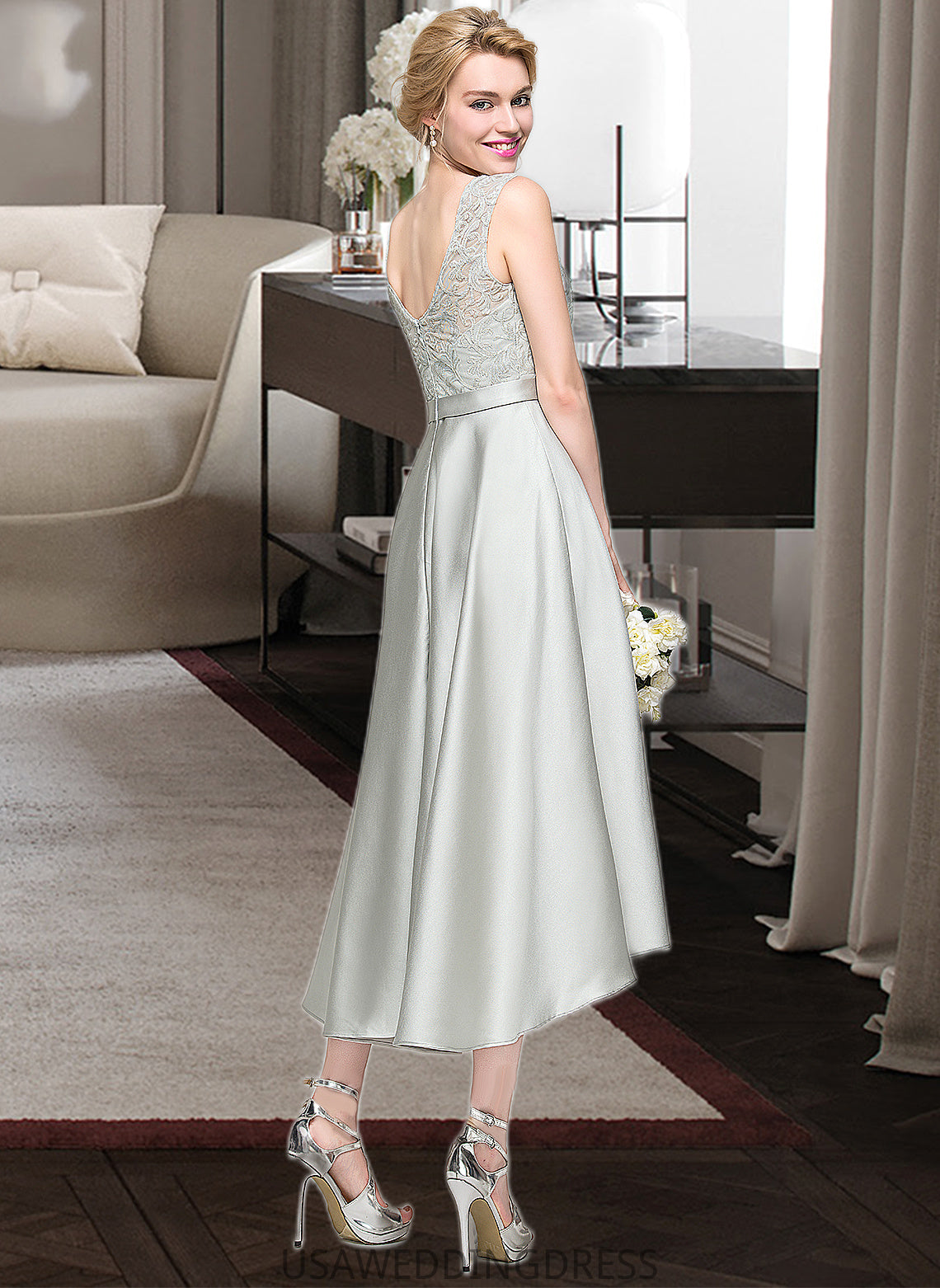 Eileen A-Line Scoop Neck Asymmetrical Satin Bridesmaid Dress DSP0012965