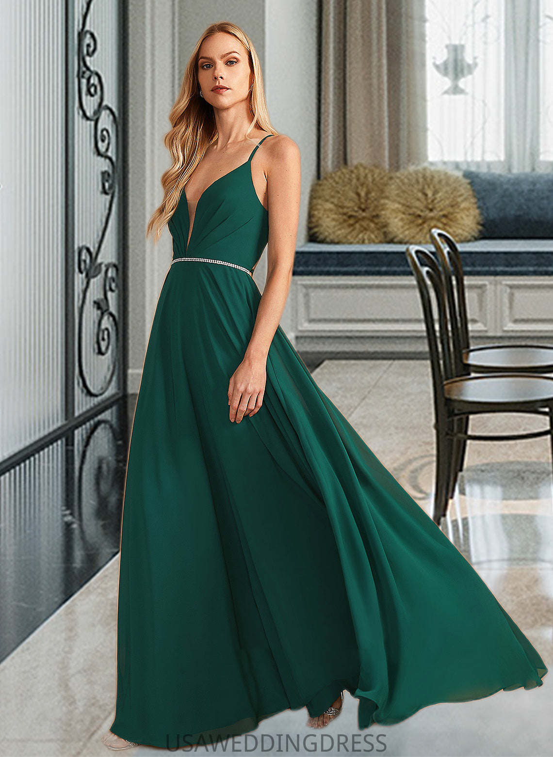 Ashlee A-Line V-neck Floor-Length Bridesmaid Dress With Beading DSP0012974