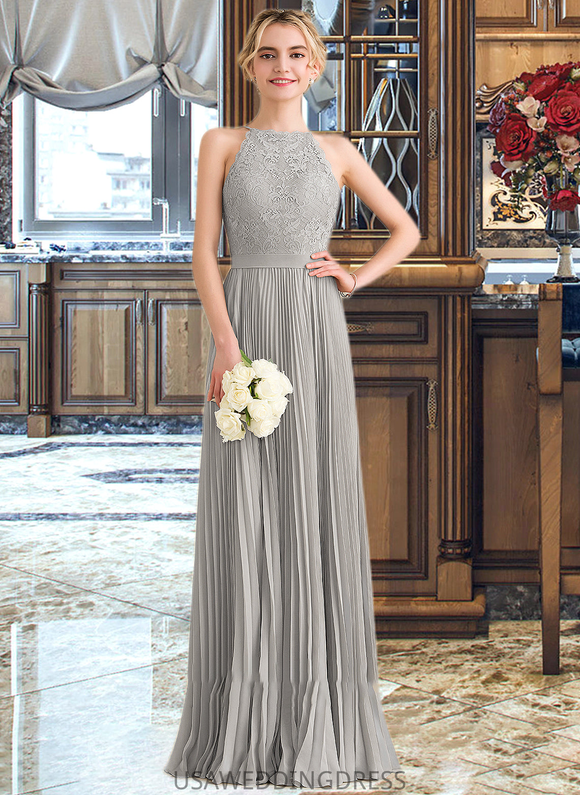 Lydia A-Line Scoop Neck Floor-Length Chiffon Lace Bridesmaid Dress With Pleated DSP0012980