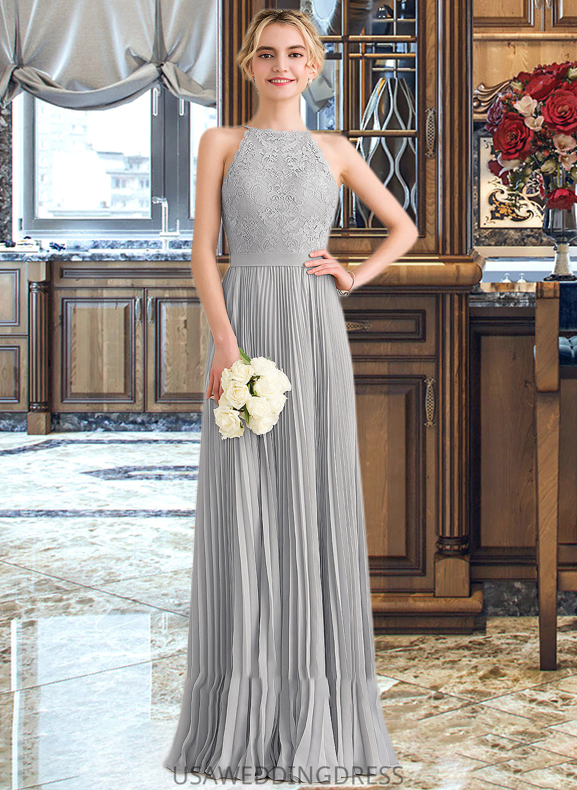 Lydia A-Line Scoop Neck Floor-Length Chiffon Lace Bridesmaid Dress With Pleated DSP0012980