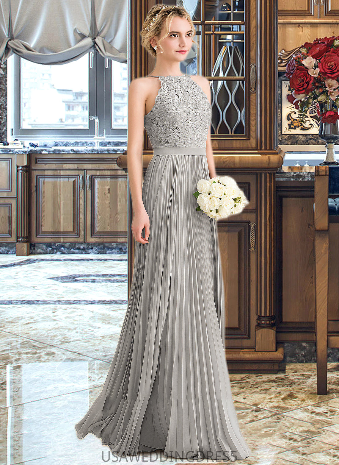 Lydia A-Line Scoop Neck Floor-Length Chiffon Lace Bridesmaid Dress With Pleated DSP0012980