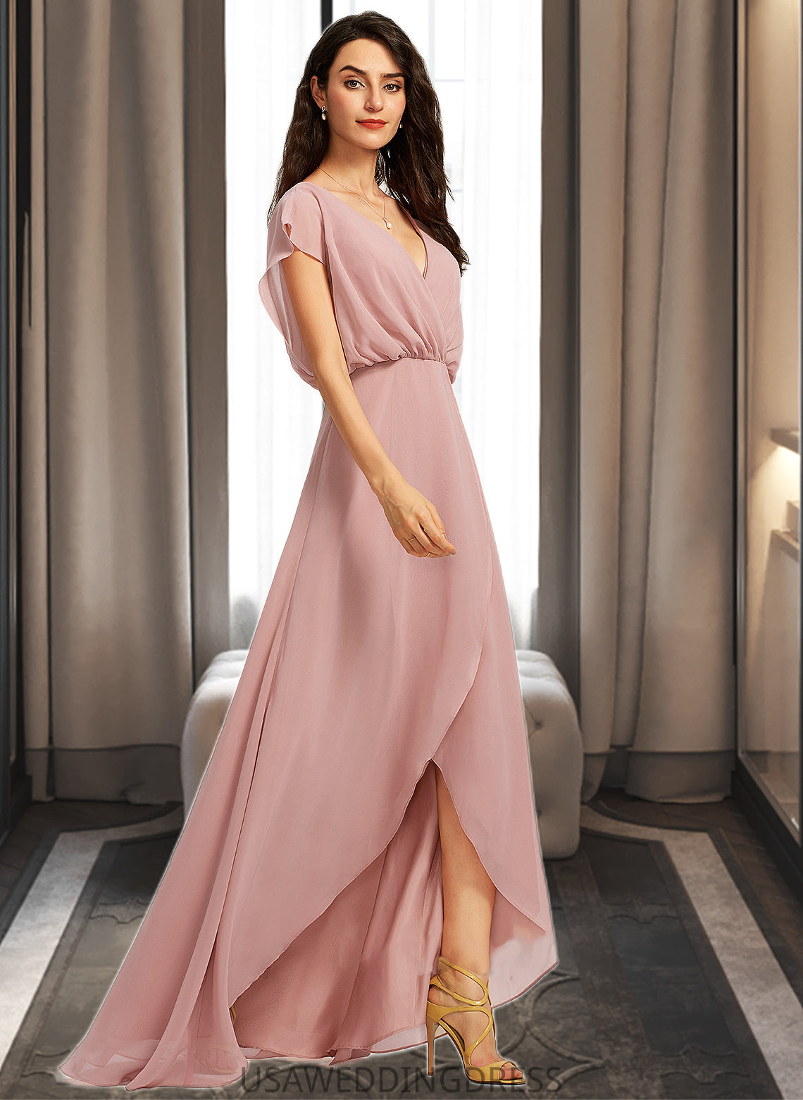 Yaretzi A-Line V-neck Asymmetrical Bridesmaid Dress With Split Front DSP0012983