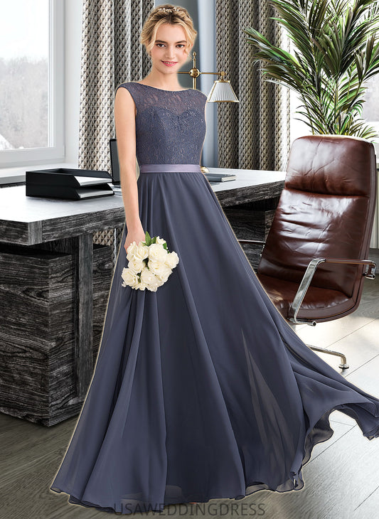 Regina A-Line Scoop Neck Floor-Length Chiffon Lace Bridesmaid Dress With Bow(s) DSP0012984