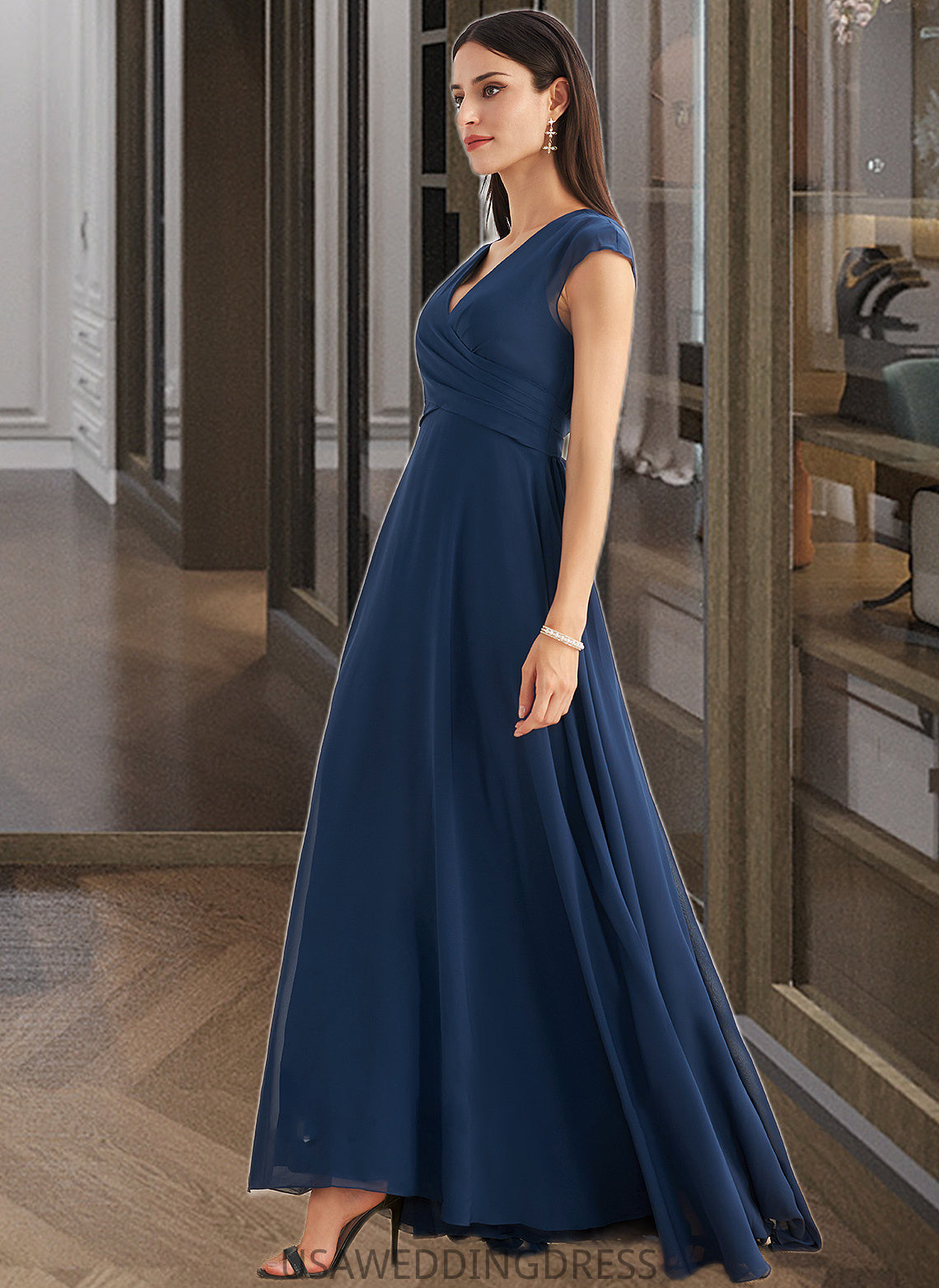 Josephine A-Line V-neck Floor-Length Bridesmaid Dress With Ruffle DSP0012986