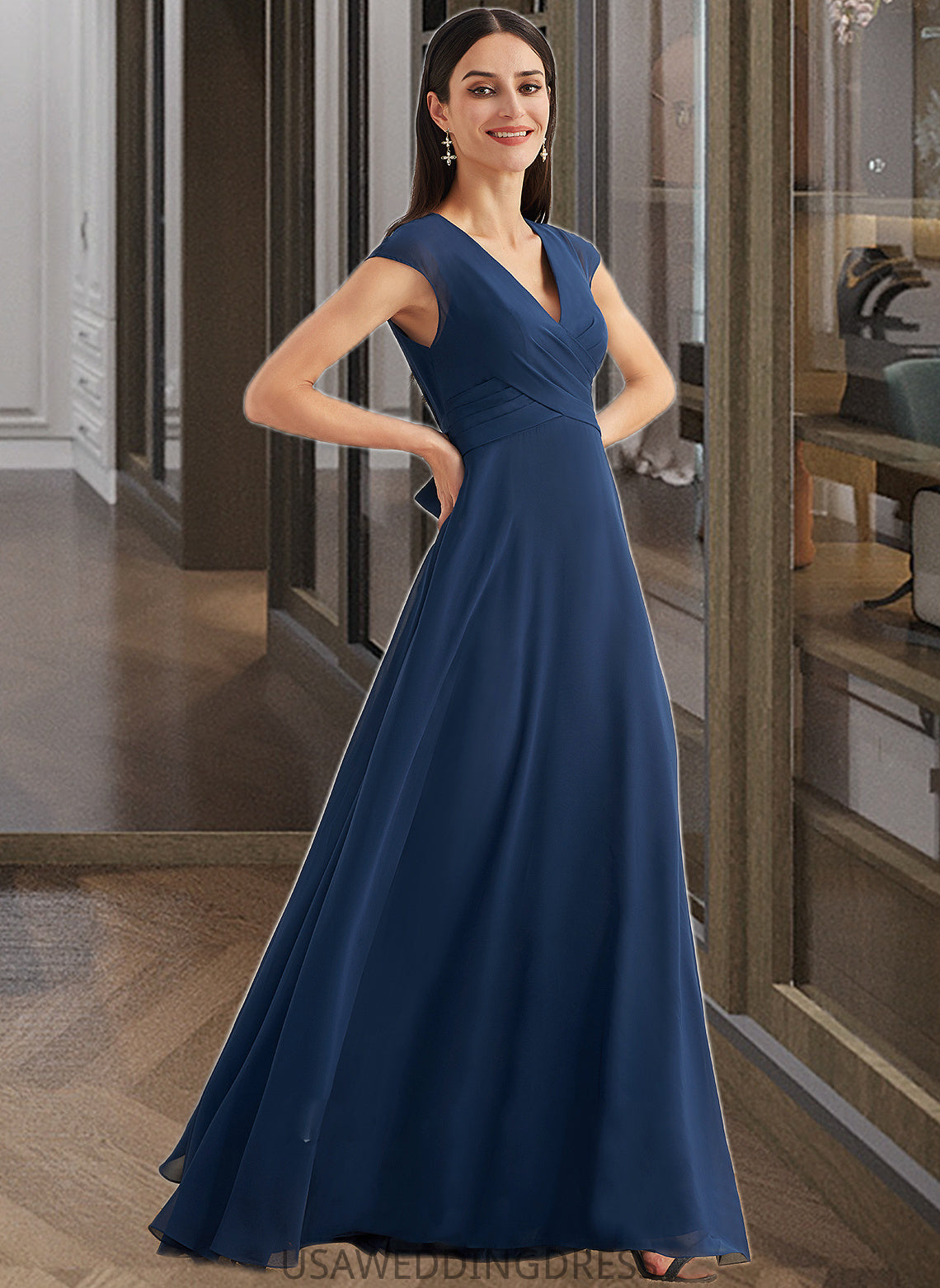 Josephine A-Line V-neck Floor-Length Bridesmaid Dress With Ruffle DSP0012986