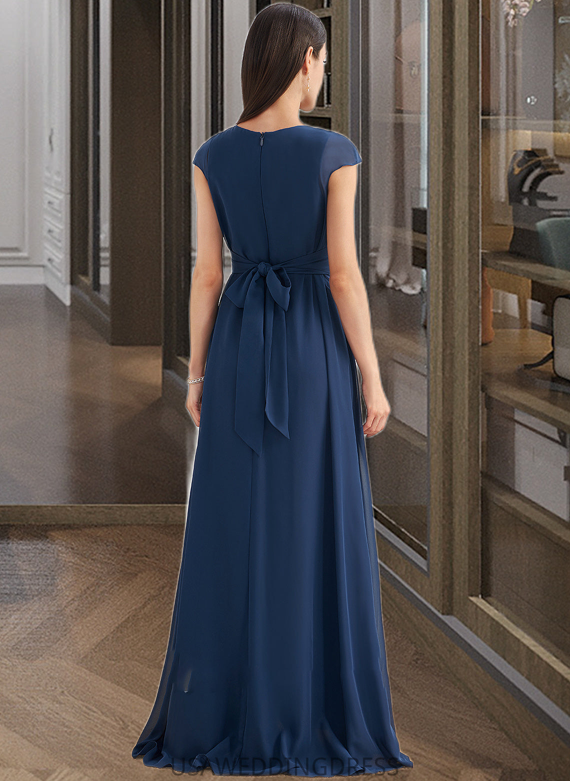 Josephine A-Line V-neck Floor-Length Bridesmaid Dress With Ruffle DSP0012986