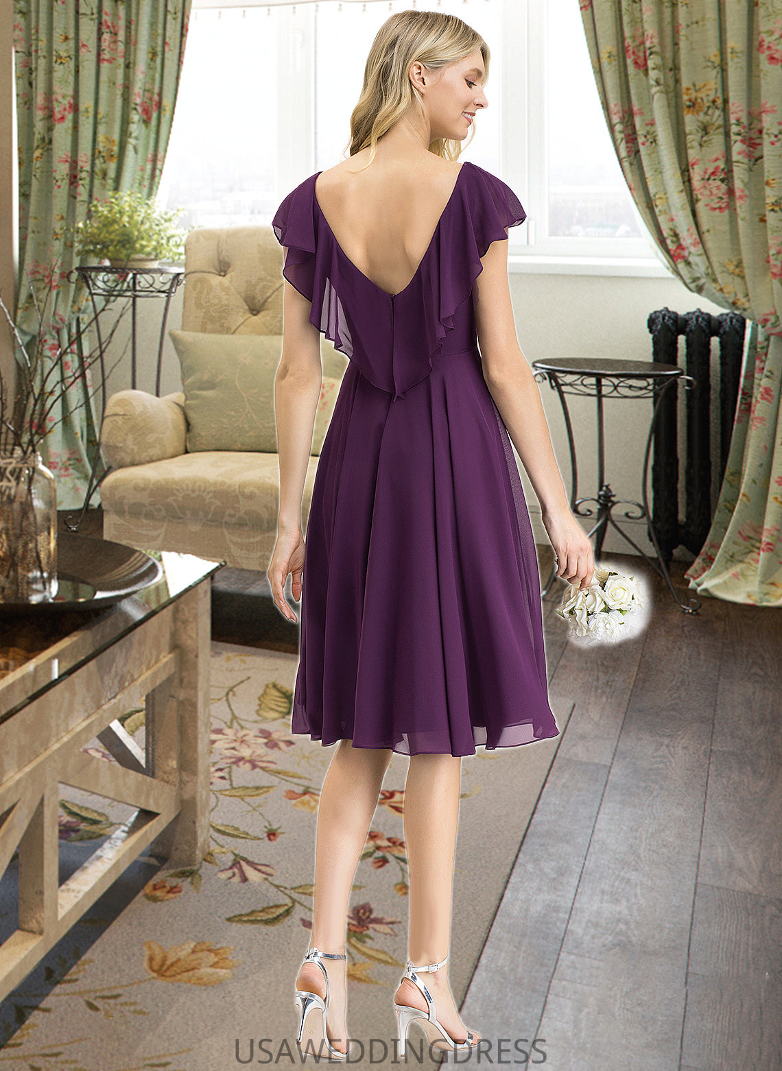 Marina A-line V-Neck Knee-Length Chiffon Bridesmaid Dress With Cascading Ruffles DSP0012987