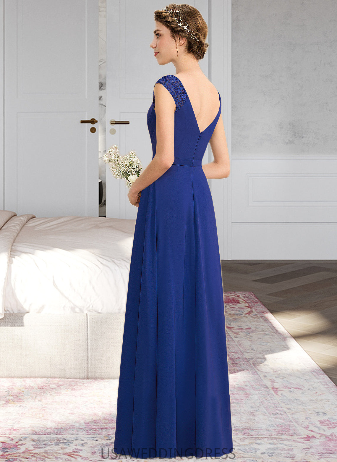 Charity A-Line V-neck Floor-Length Chiffon Lace Bridesmaid Dress With Ruffle Split Front DSP0012988