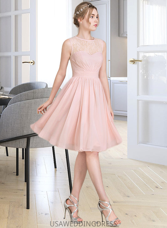 Clare A-Line Scoop Neck Knee-Length Chiffon Lace Bridesmaid Dress With Ruffle DSP0012990