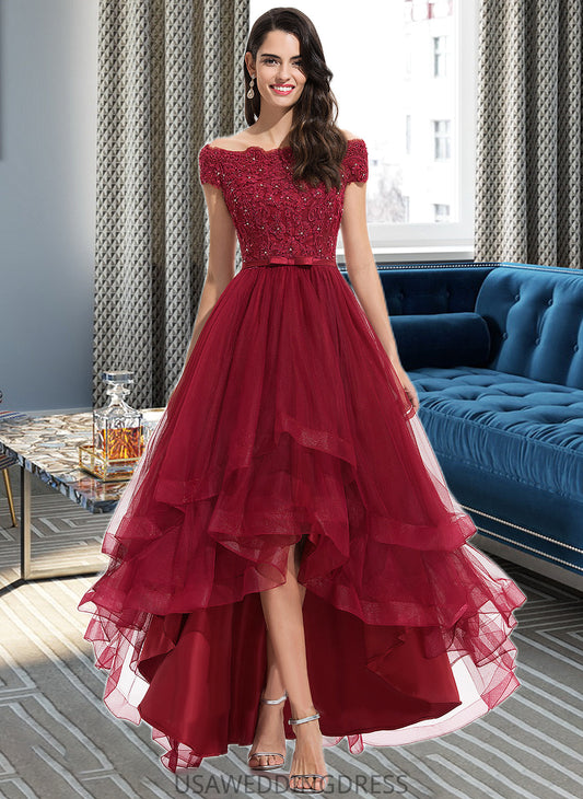 Miley Ball-Gown/Princess Off-the-Shoulder Asymmetrical Tulle Bridesmaid Dress With Beading Sequins Bow(s) DSP0012991