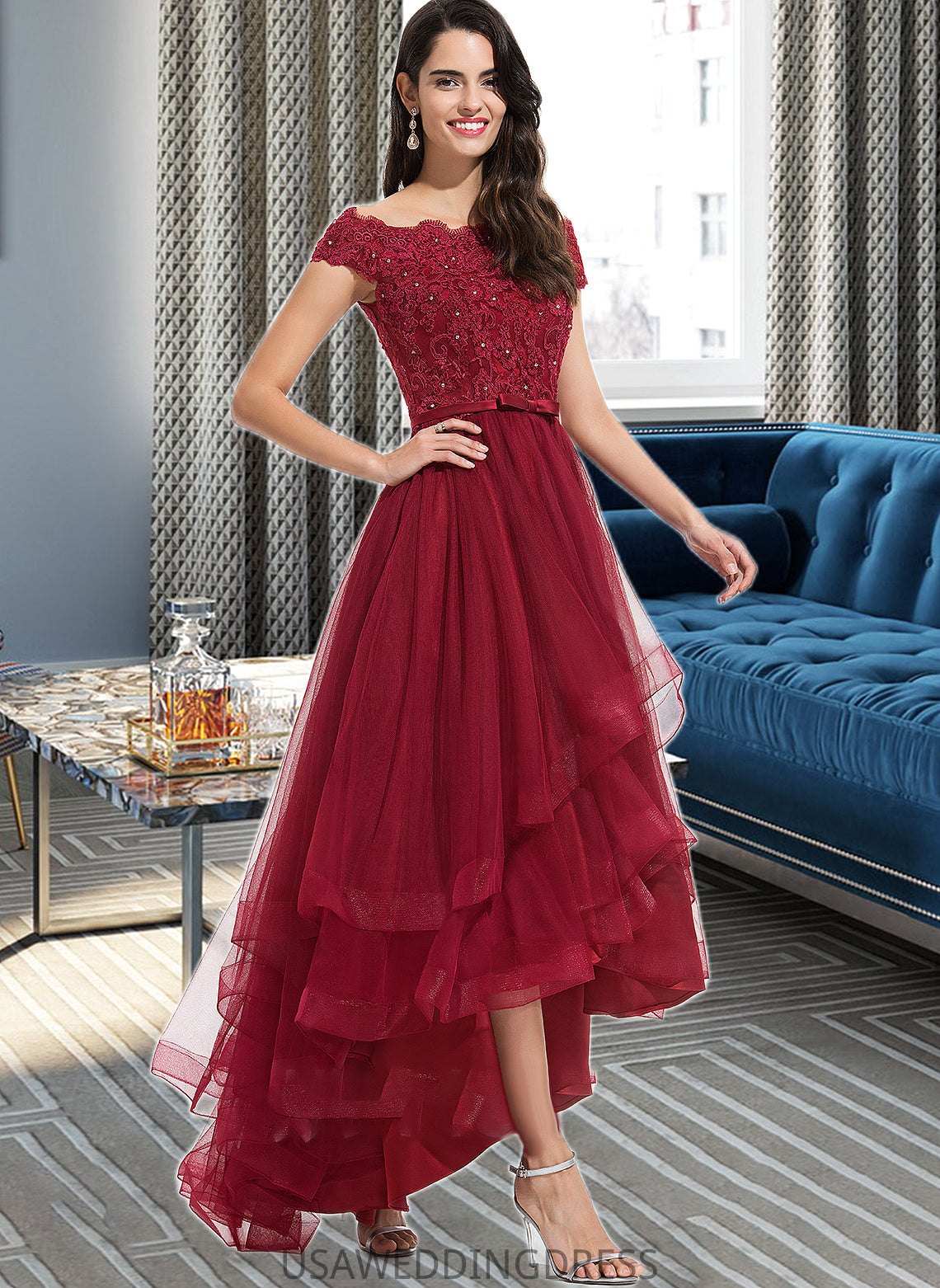 Miley Ball-Gown/Princess Off-the-Shoulder Asymmetrical Tulle Bridesmaid Dress With Beading Sequins Bow(s) DSP0012991