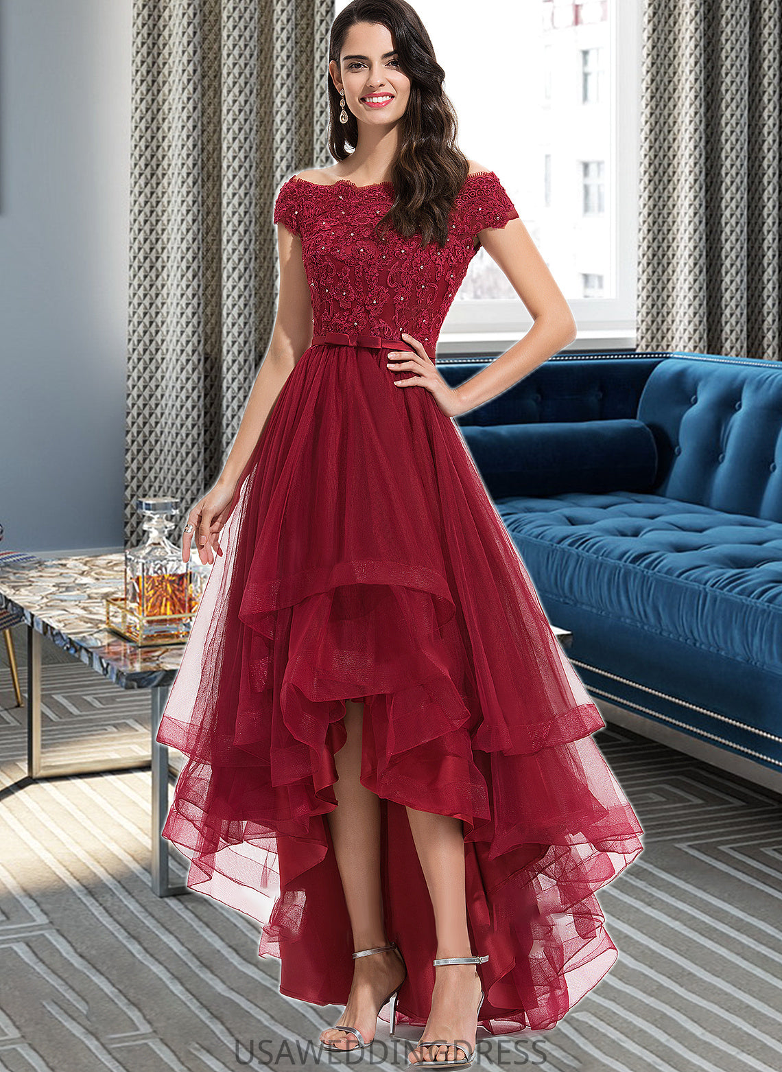 Miley Ball-Gown/Princess Off-the-Shoulder Asymmetrical Tulle Bridesmaid Dress With Beading Sequins Bow(s) DSP0012991