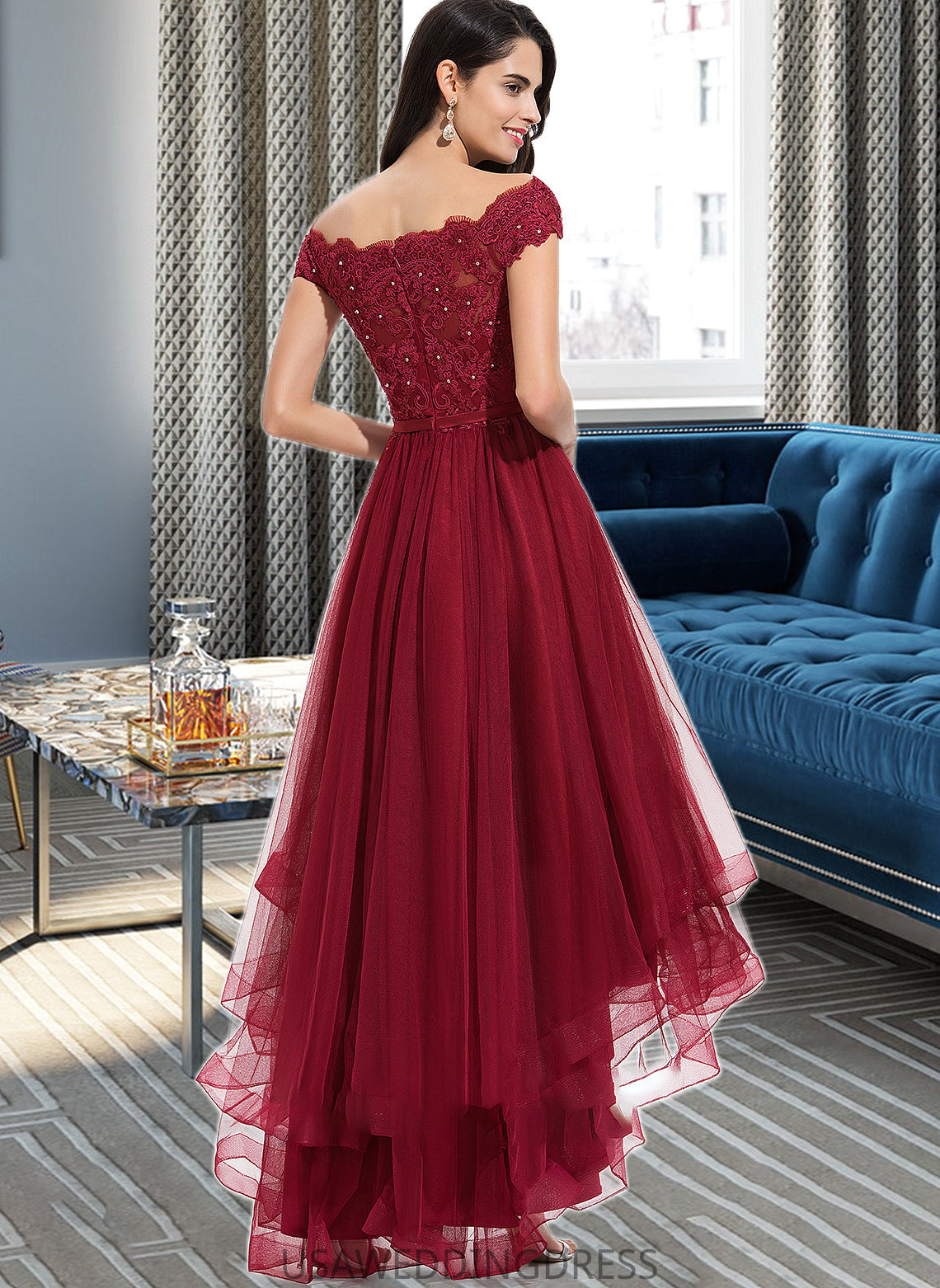 Miley Ball-Gown/Princess Off-the-Shoulder Asymmetrical Tulle Bridesmaid Dress With Beading Sequins Bow(s) DSP0012991