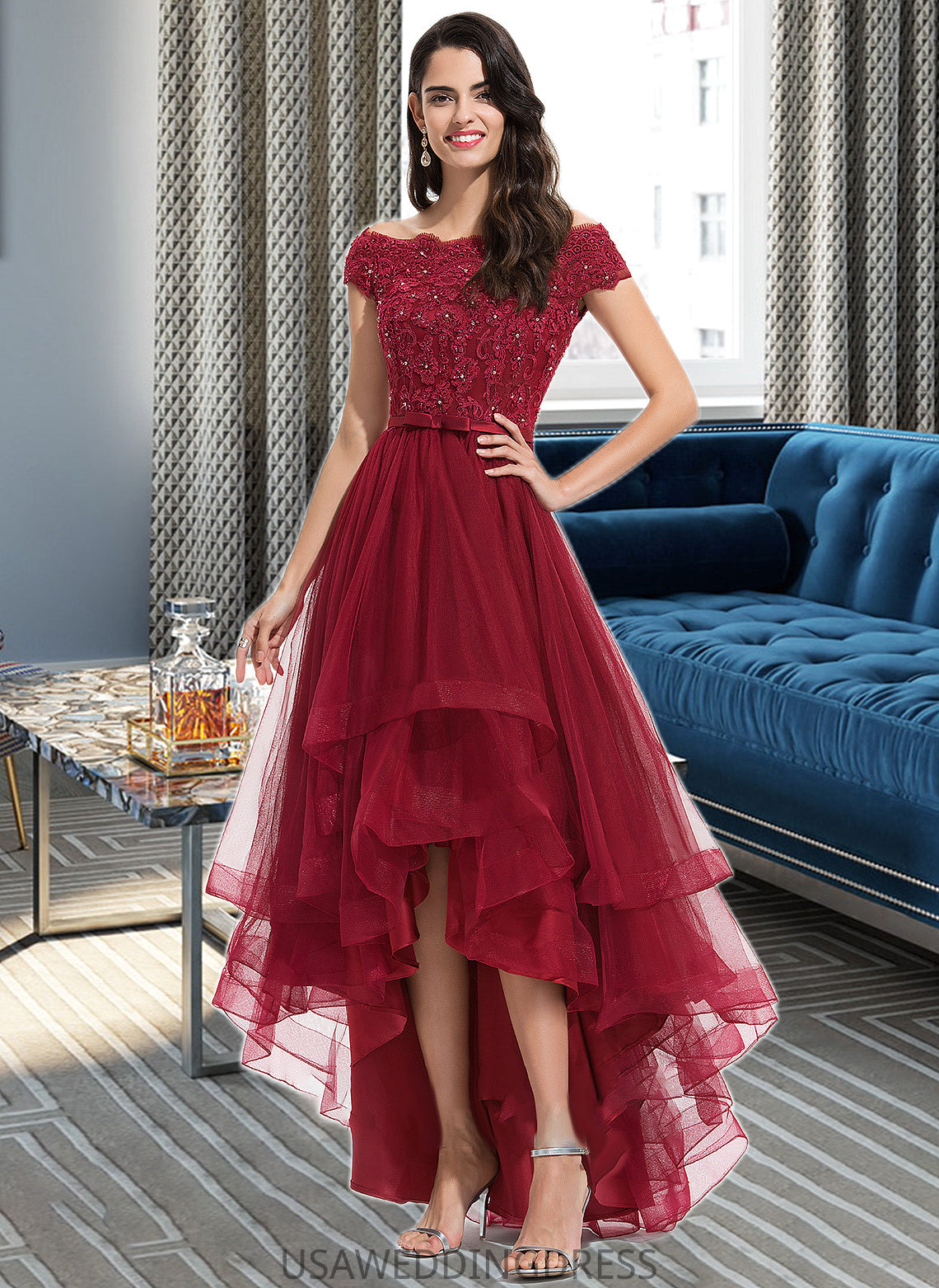 Miley Ball-Gown/Princess Off-the-Shoulder Asymmetrical Tulle Bridesmaid Dress With Beading Sequins Bow(s) DSP0012991