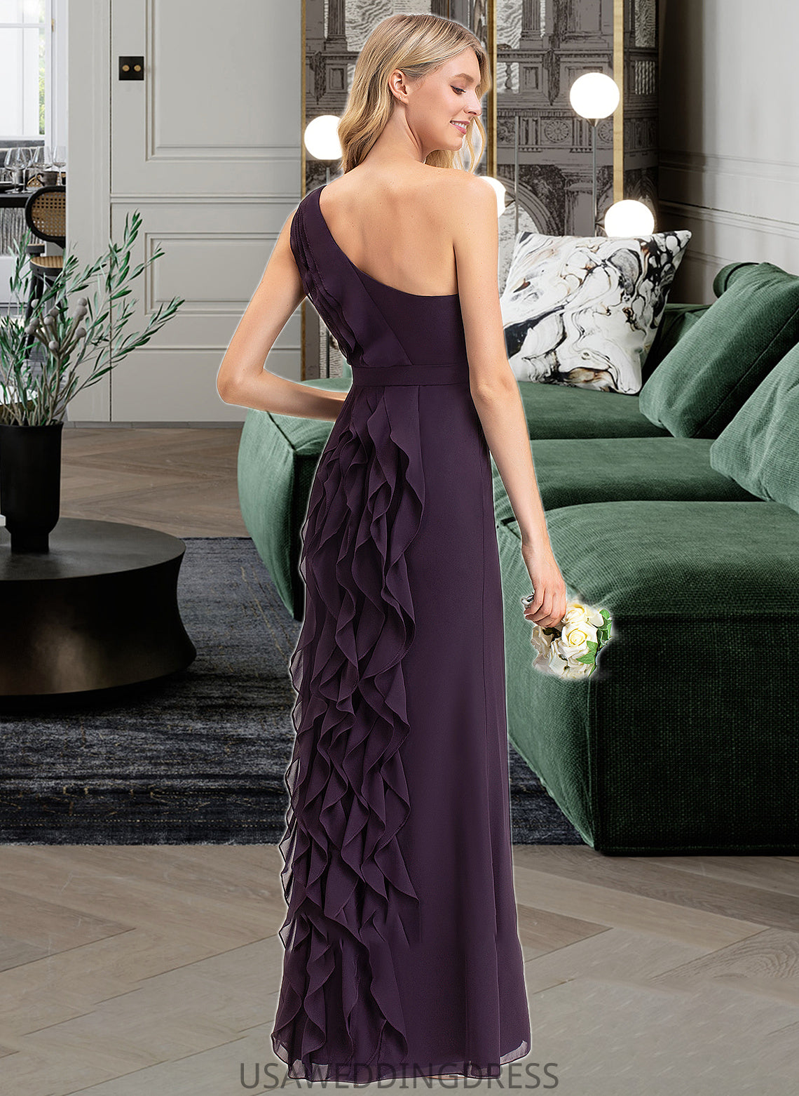 Madelyn A-Line One-Shoulder Floor-Length Chiffon Bridesmaid Dress With Split Front Cascading Ruffles DSP0012997