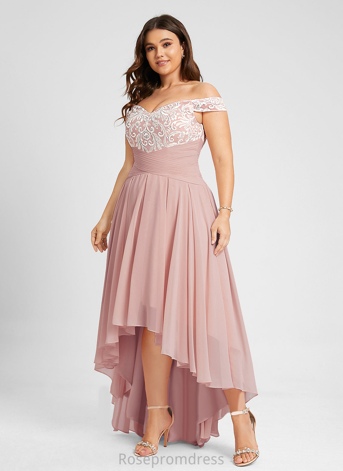 Asymmetrical Lace Prom Dresses Chiffon A-Line Pleated Lucy With Off-the-Shoulder