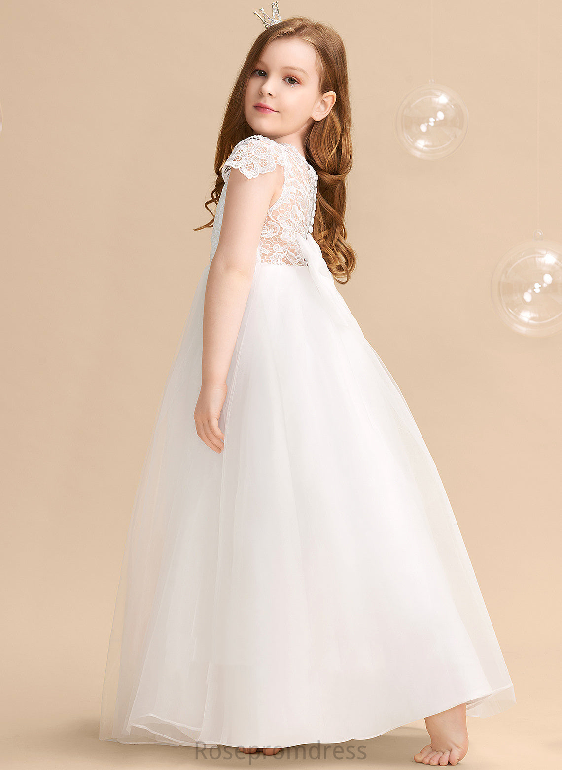 Floor-length Girl Dress Short Neck Tulle/Lace - Bow(s) Flower Ball-Gown/Princess Michaela Scoop Flower Girl Dresses Sleeves With