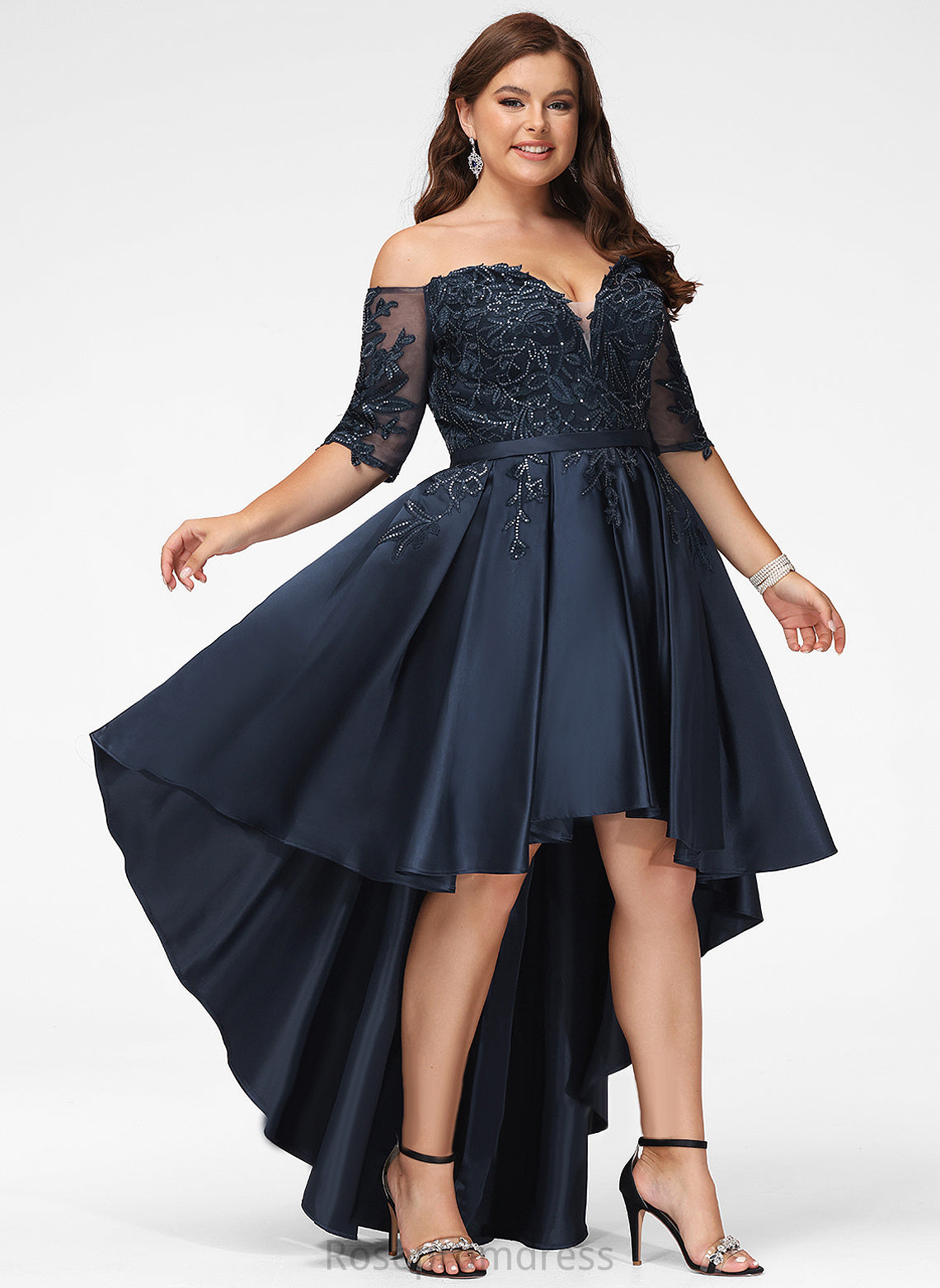 Asymmetrical With Khloe A-Line Sequins Prom Dresses Off-the-Shoulder Lace Satin