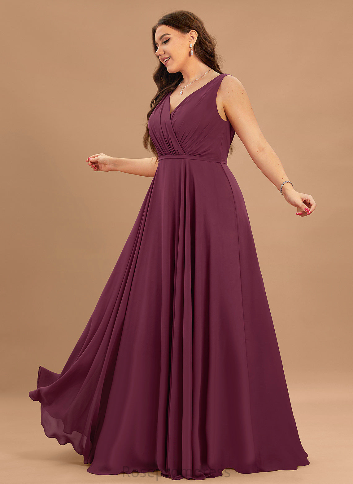 A-Line Floor-Length Pleated Chiffon Prom Dresses V-neck With Violet