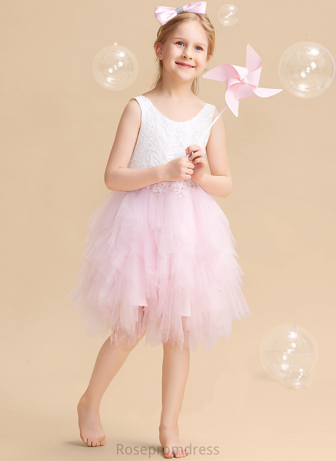 Lace/Beading/Sequins/V Flower Flower Girl Dresses Neck Sleeveless Back With Tulle/Lace Dress Knee-length Quinn Scoop Ball-Gown/Princess Girl