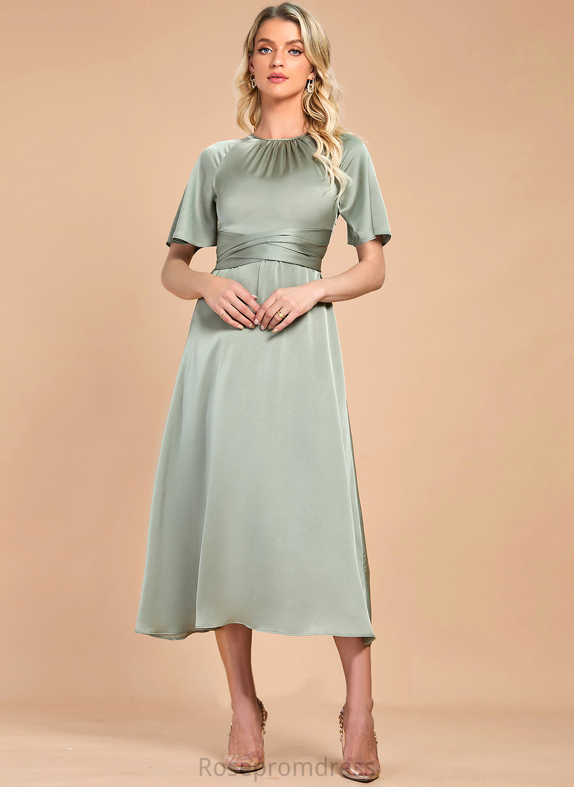 Sleeves Round Elegant Neck Luna A-line Midi Short Club Dresses Satin Dresses