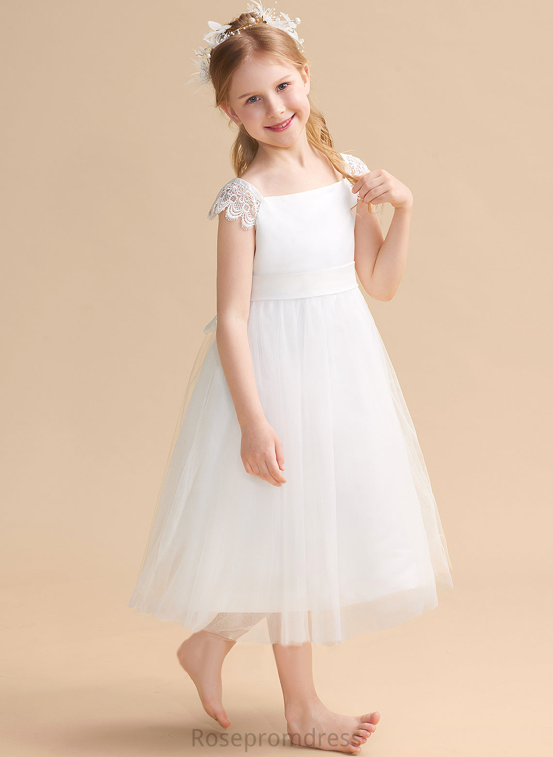 Neckline Flower Lace/Sash Sleeveless Dress Flower Girl Dresses Moriah Girl With - Square Tea-length Satin/Tulle A-Line