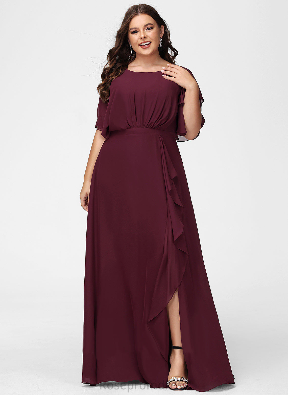 ScoopNeck Ruffle Fabric SplitFront Floor-Length A-Line Length Silhouette Embellishment Neckline Jimena Bridesmaid Dresses