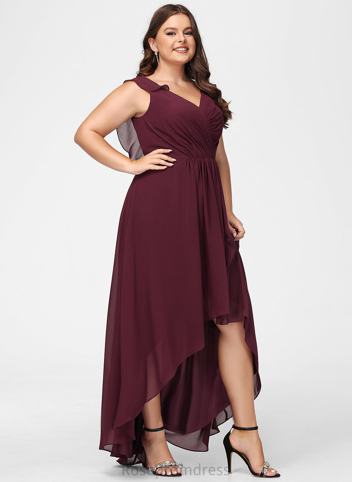 Asymmetrical Ruffle Silhouette Neckline Embellishment Length V-neck A-Line Fabric Mattie Bridesmaid Dresses