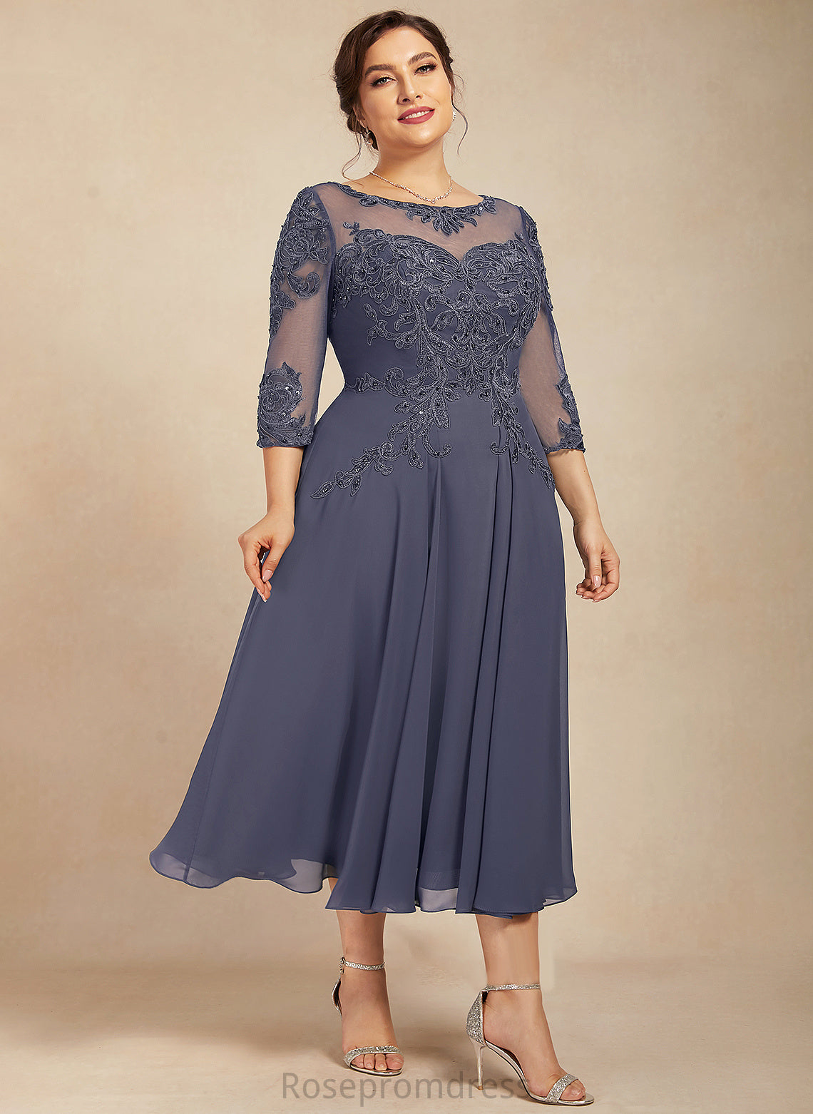 the Sequins Tea-Length Beading Mother Dress Lace Neck With A-Line of Mother of the Bride Dresses Annika Chiffon Bride Scoop