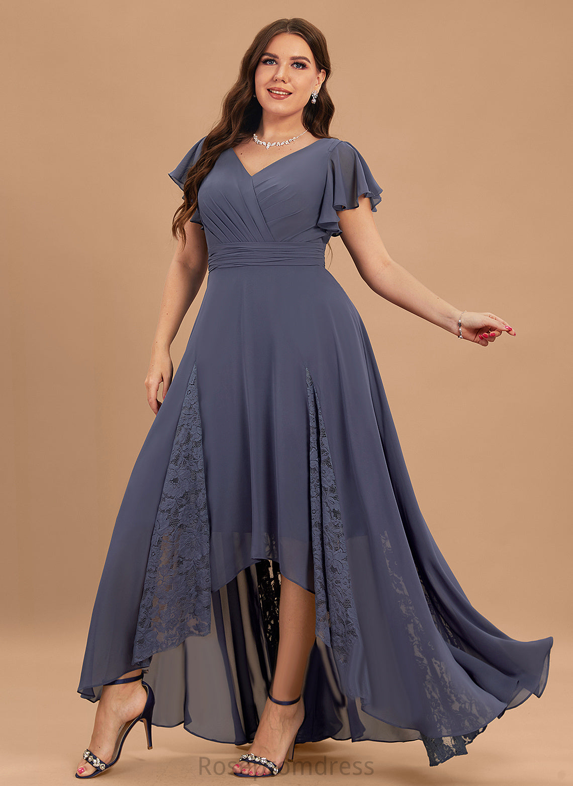 Embellishment Silhouette Fabric A-Line Asymmetrical Neckline V-neck Ruffle Length Gina Bridesmaid Dresses