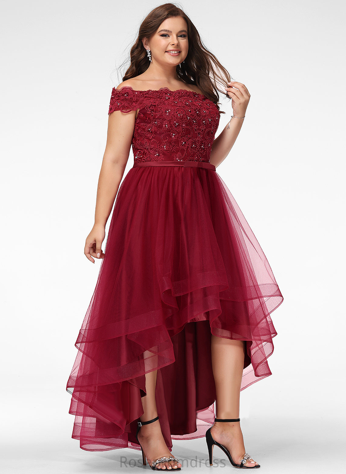 Dress Tulle Asymmetrical Off-the-Shoulder Sequins A-Line Rosa Lace Beading Bow(s) With Wedding Wedding Dresses