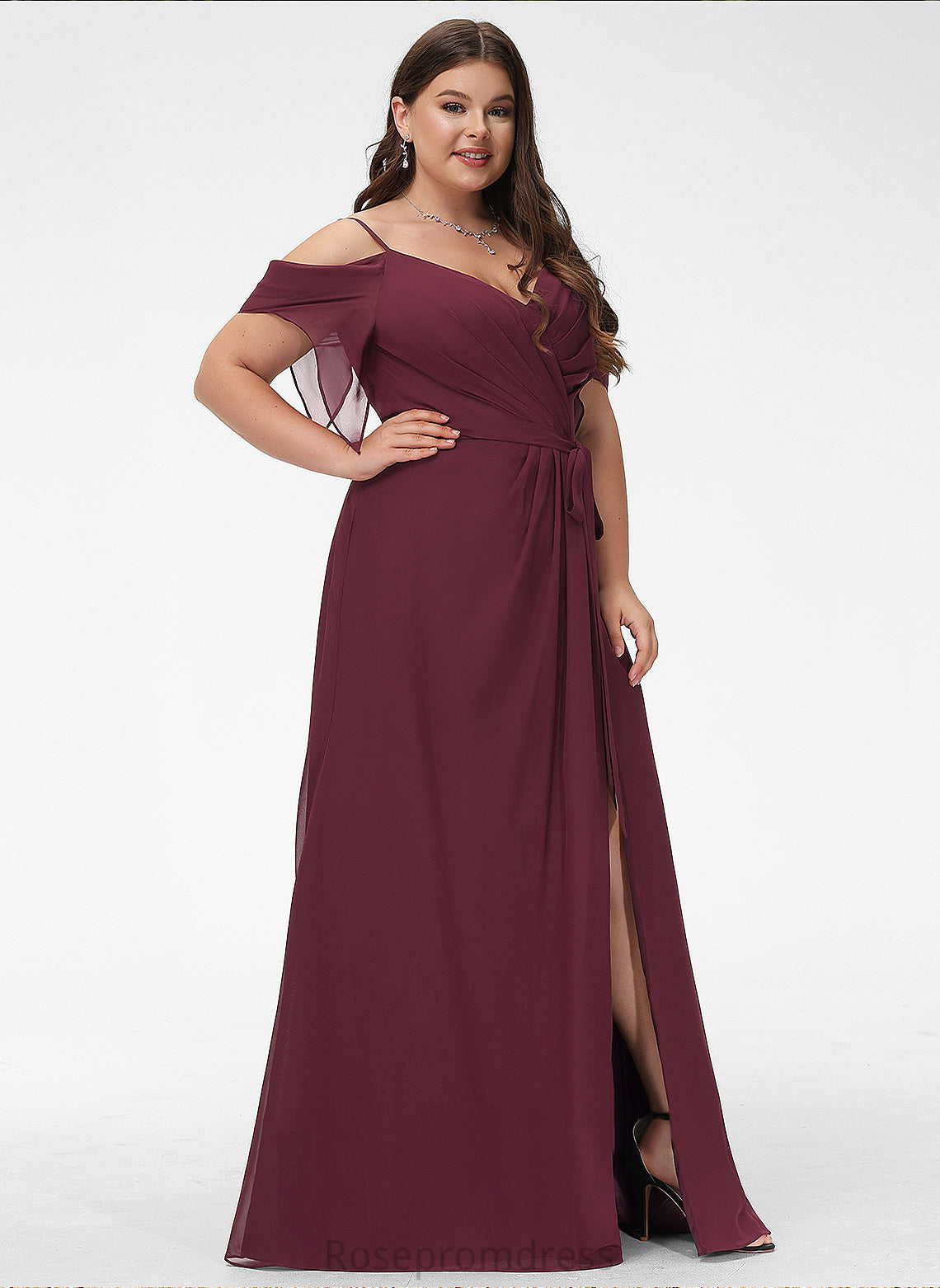 V-neck A-Line SplitFront Embellishment Length Neckline Ruffle Silhouette Sash Fabric Floor-Length Halle Bridesmaid Dresses