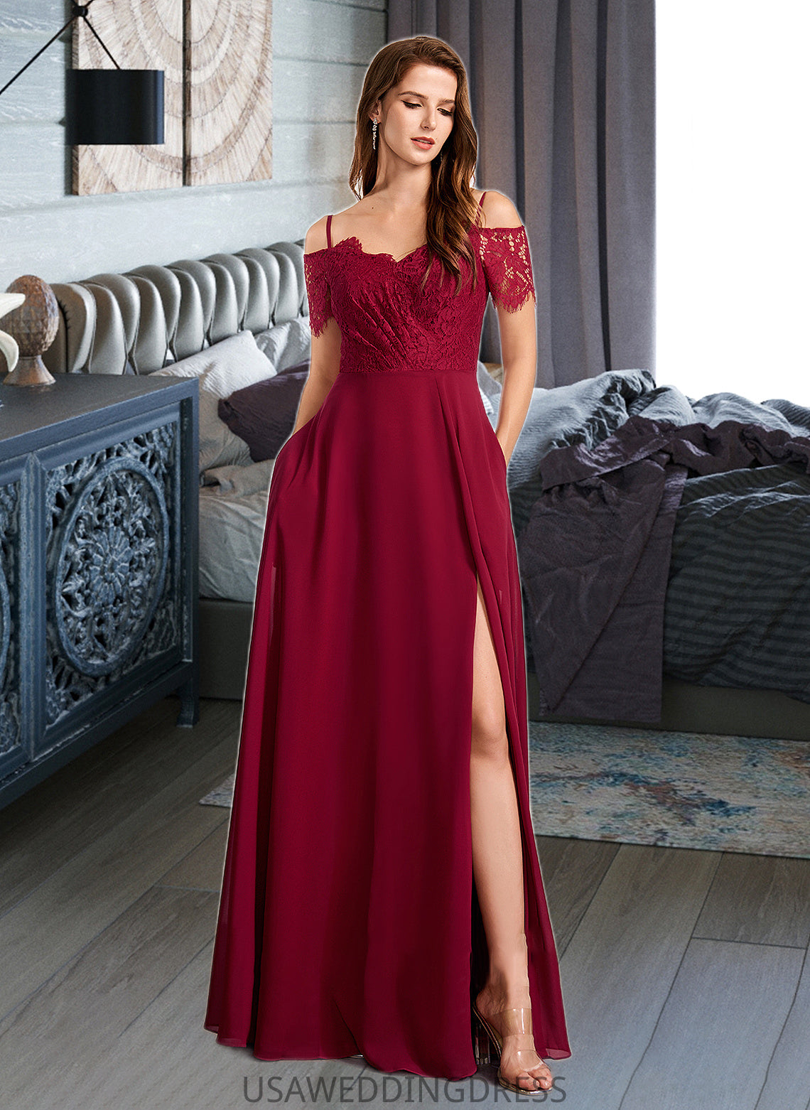 Liz A-Line V-neck Floor-Length Bridesmaid Dress DSP0013000