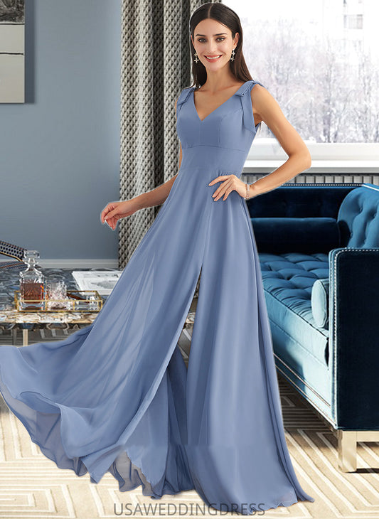 Skyla A-Line V-neck Floor-Length Bridesmaid Dress With Bow(s) Split Front DSP0013001