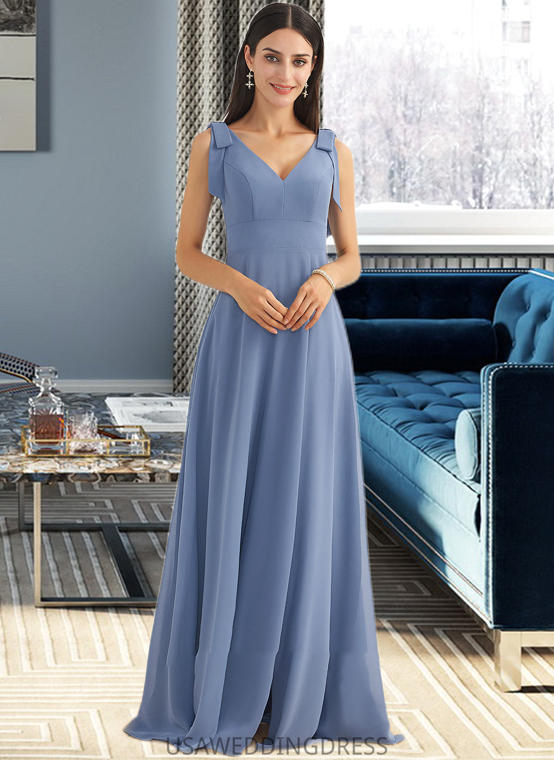 Skyla A-Line V-neck Floor-Length Bridesmaid Dress With Bow(s) Split Front DSP0013001