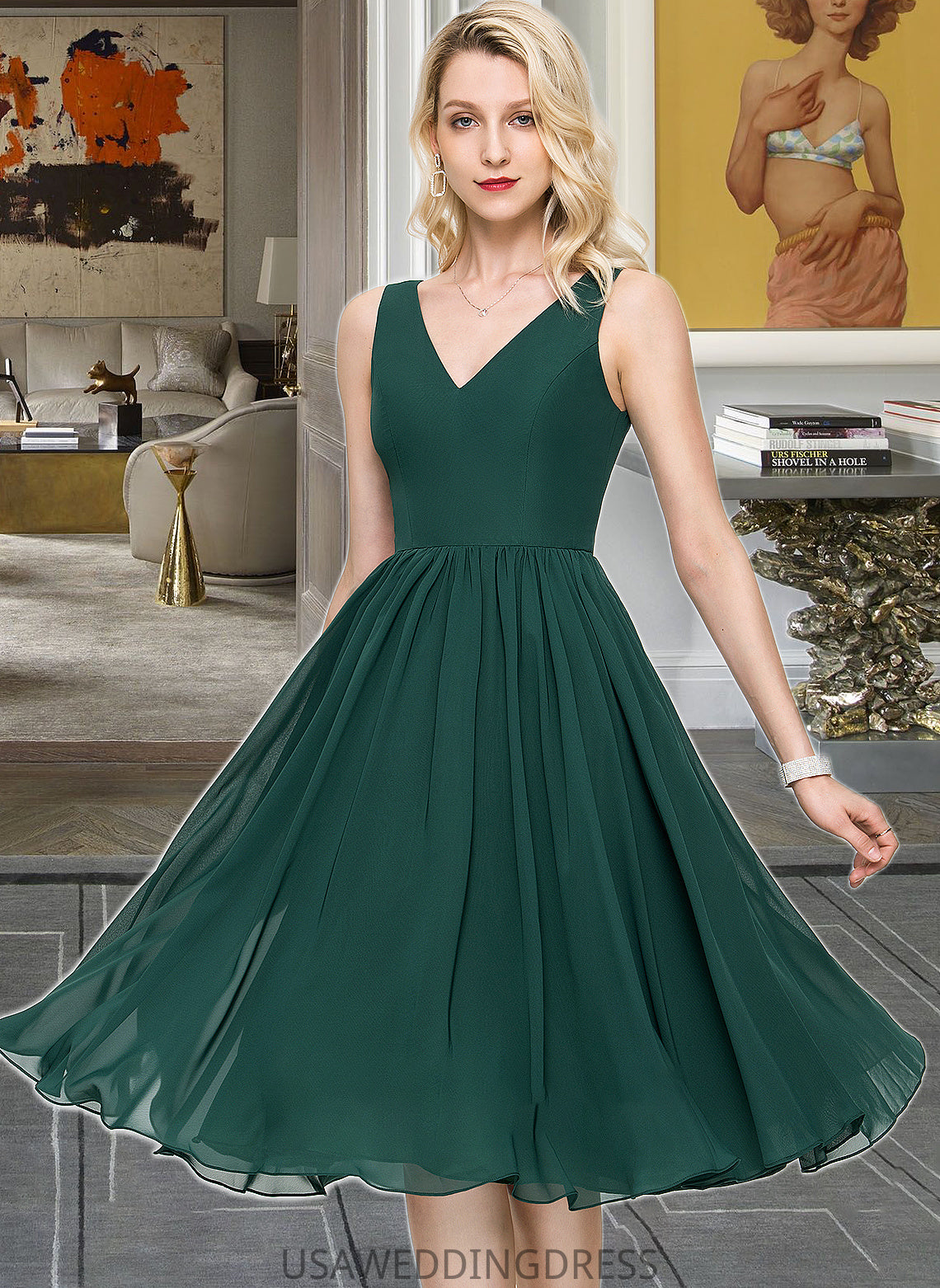 Gertrude A-line V-Neck Knee-Length Chiffon Bridesmaid Dress DSP0013002