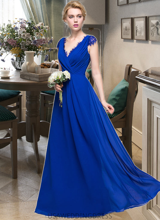 Samantha A-Line V-neck Floor-Length Chiffon Bridesmaid Dress With Ruffle DSP0013004