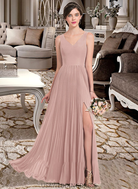 Maleah A-Line V-neck Floor-Length Chiffon Bridesmaid Dress With Split Front Pleated DSP0013007