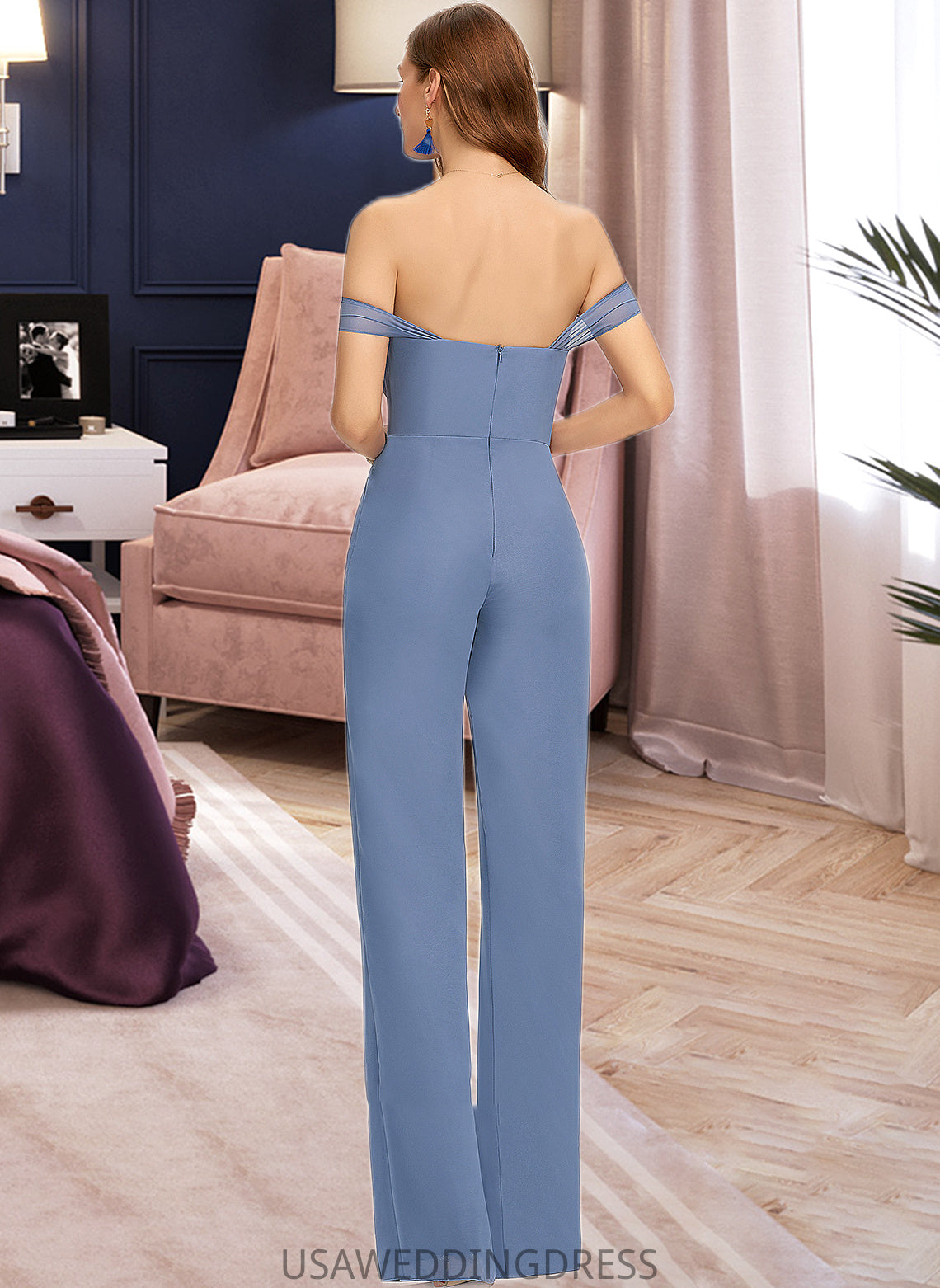 Amiah Jumpsuit/Pantsuit Off-the-Shoulder Floor-Length Chiffon Bridesmaid Dress With Pockets DSP0013010