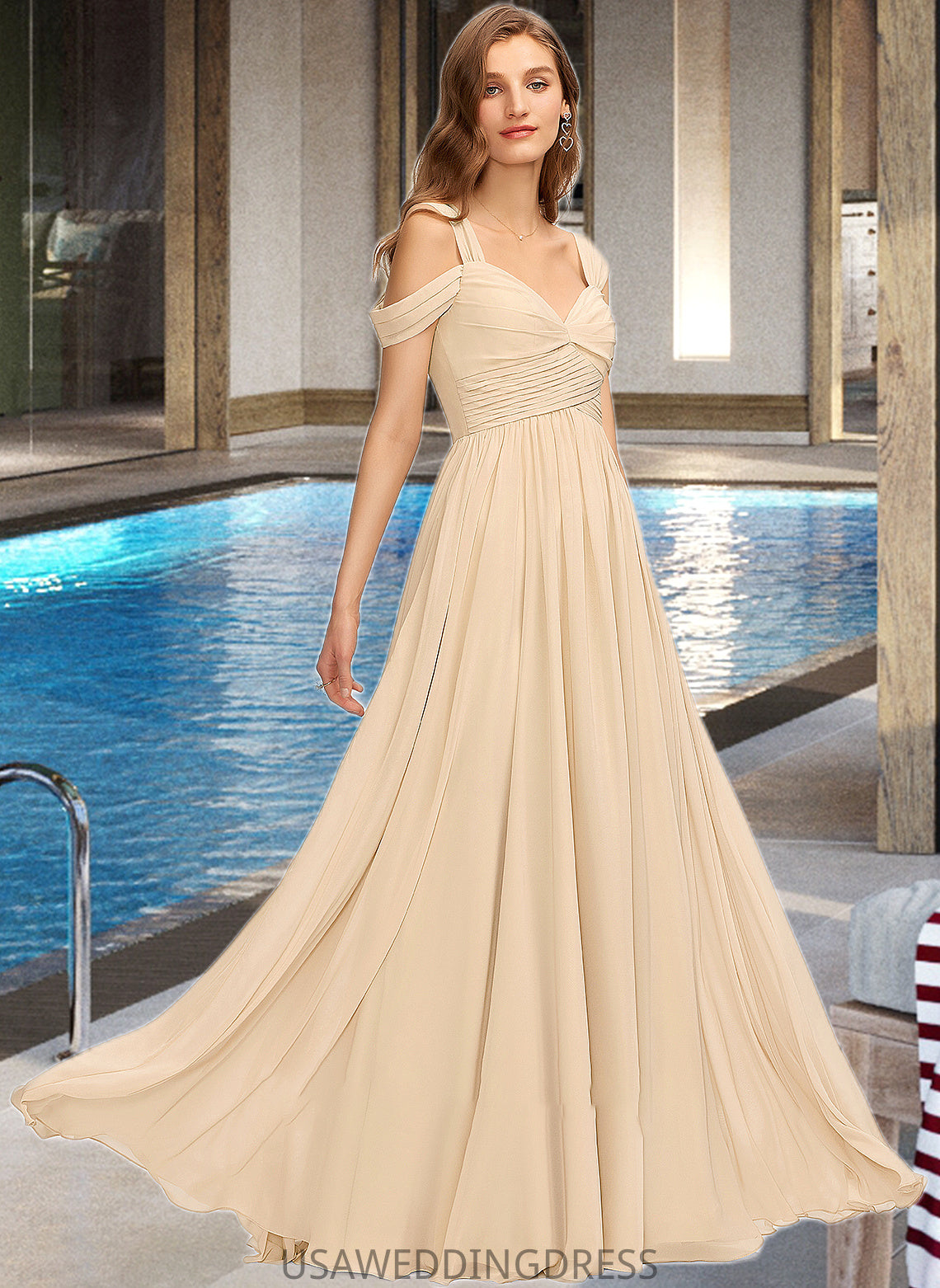 Jade A-Line V-neck Floor-Length Chiffon Bridesmaid Dress With Ruffle DSP0013011